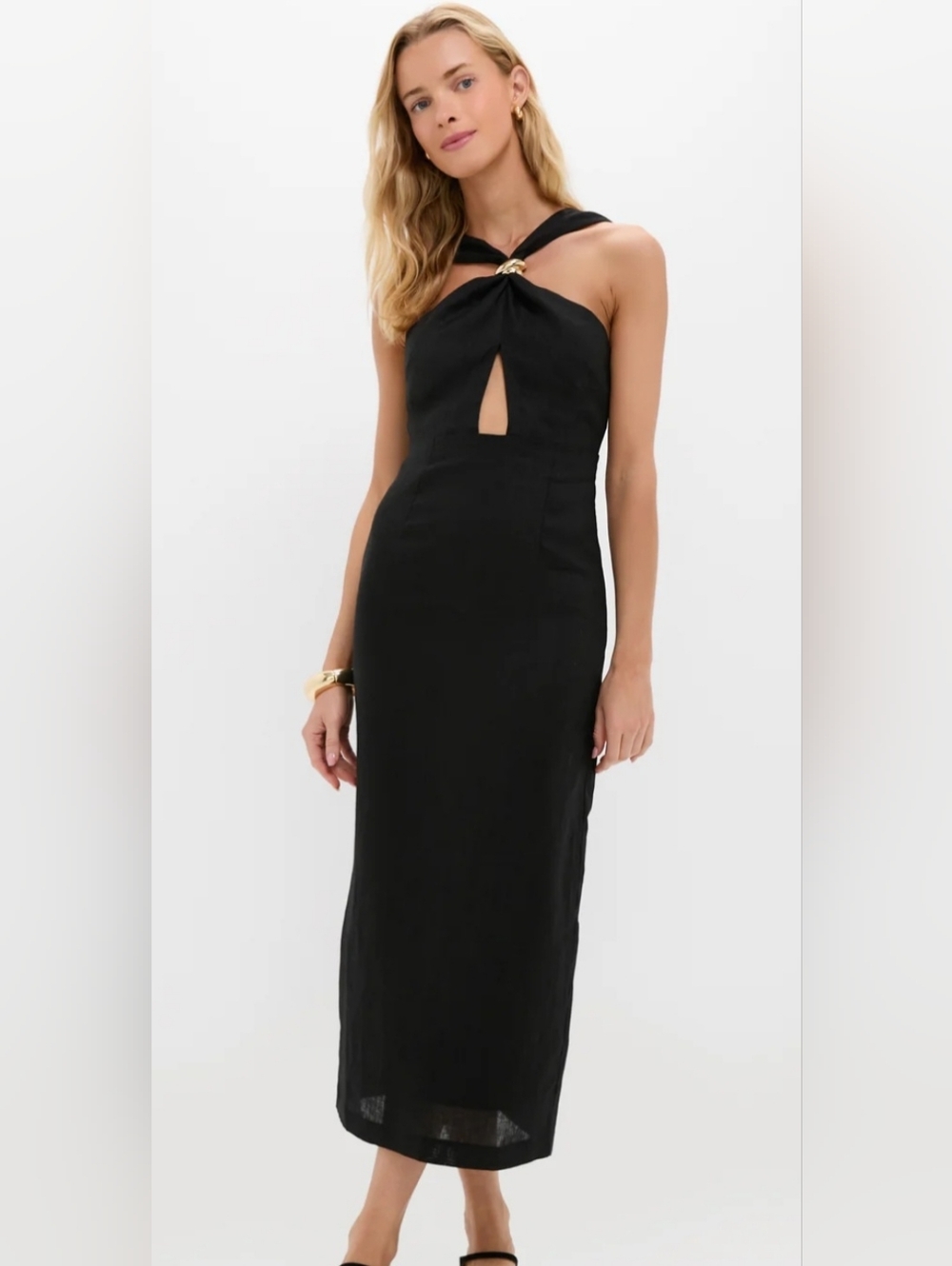 Tuckernuck Black Linen Francis Knot Front Midi Dress NWT